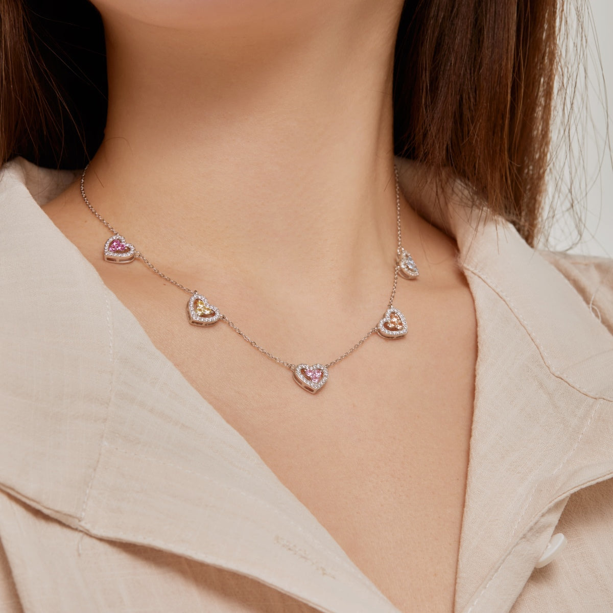 [LuckyStar]Sparkling Five Heart Necklace