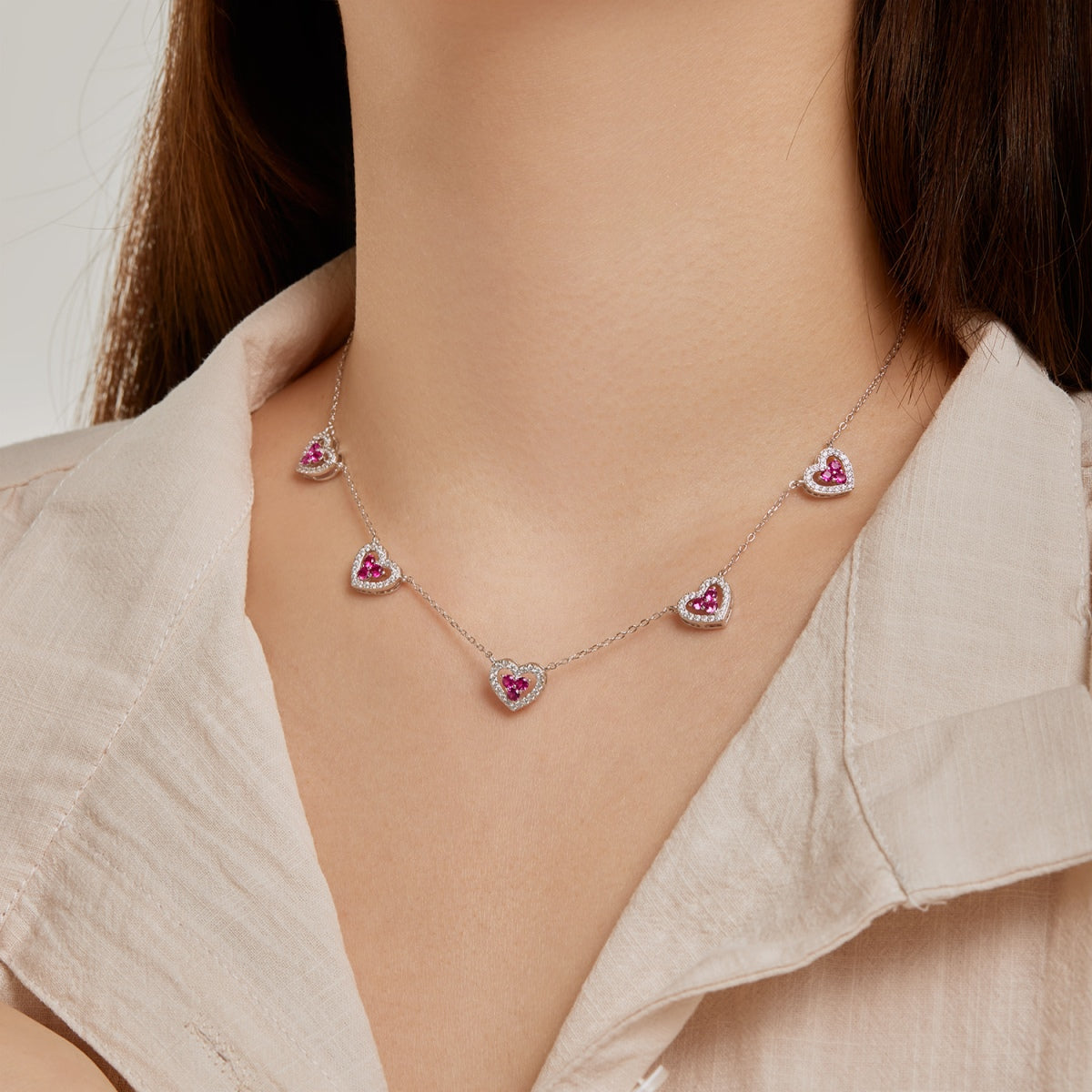 [LuckyStar]Sparkling Five Heart Necklace